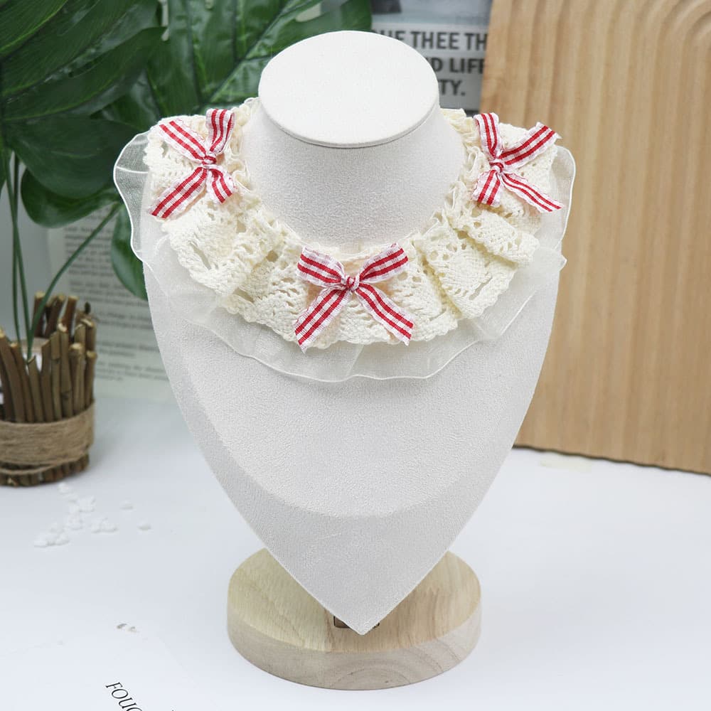 Little Bow Lace Scarf — Beige Plaid, S
